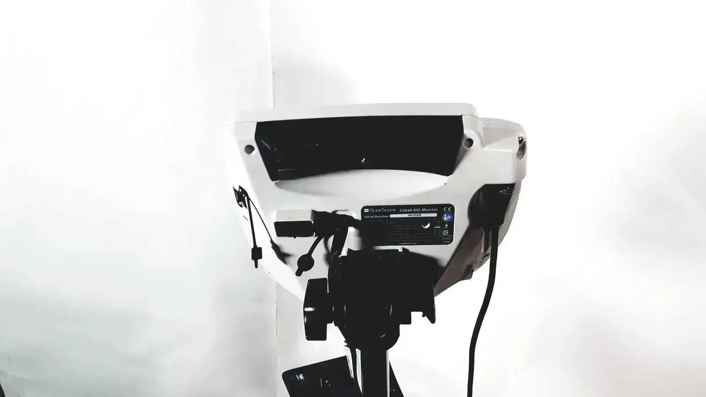 White professional welch allyn glidescope cobalt avl monitor with black cables mounted on tripod with control panels and cart