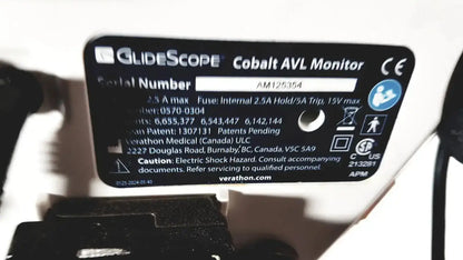Black rectangular label with white text showing glidescope cobalt avl monitor branding on welch allyn glidescope device