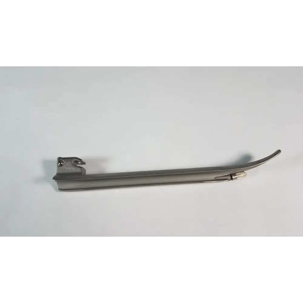 Silver surgical laryngoscope with a curved blade and handle.
