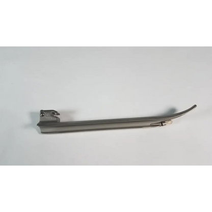 Silver surgical laryngoscope with a curved blade and handle.