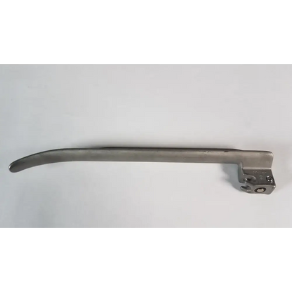 Silver metallic laryngoscope handle with a curved, elongated design and a rectangular mounting bracket at one end.