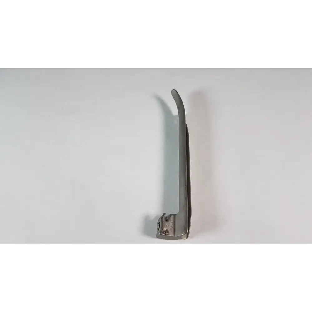 Silver surgical laryngoscope with a curved blade and articulated handle.