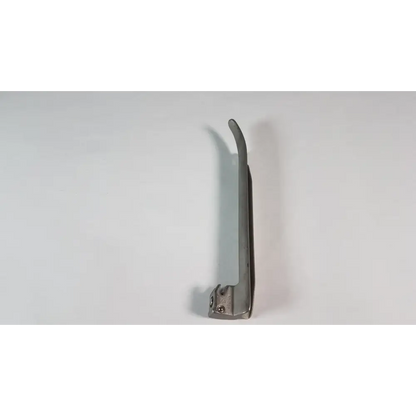 Silver surgical laryngoscope with a curved blade and articulated handle.