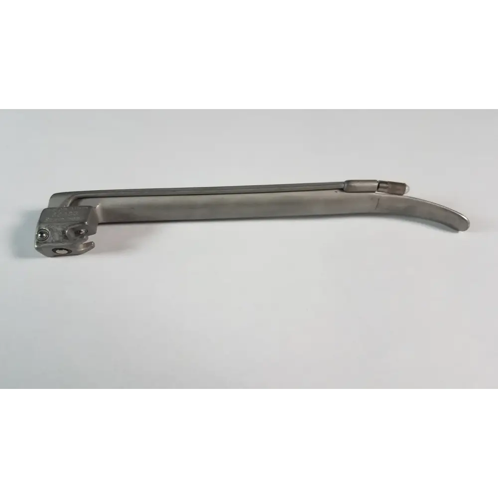 Silver surgical laryngoscope with a curved, metallic handle and an articulated headpiece.