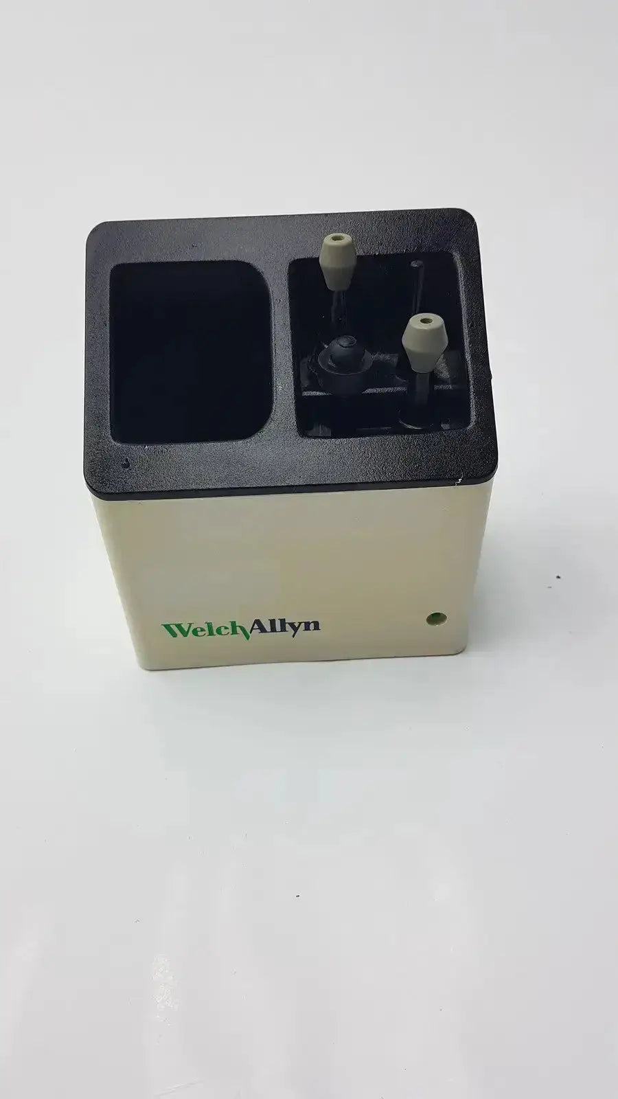 Beige and black welch allyn model 71123 audio scope charging stand with two ports on top for used medical equipment sale
