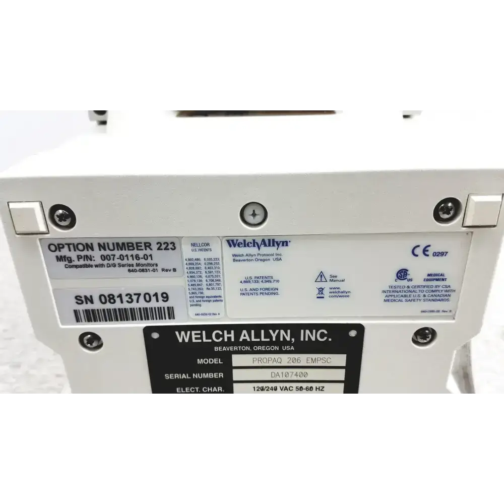 Welch Allyn PROPAQ Encore 206 EL EMPSC Vital Signs Patient Monitor Kit