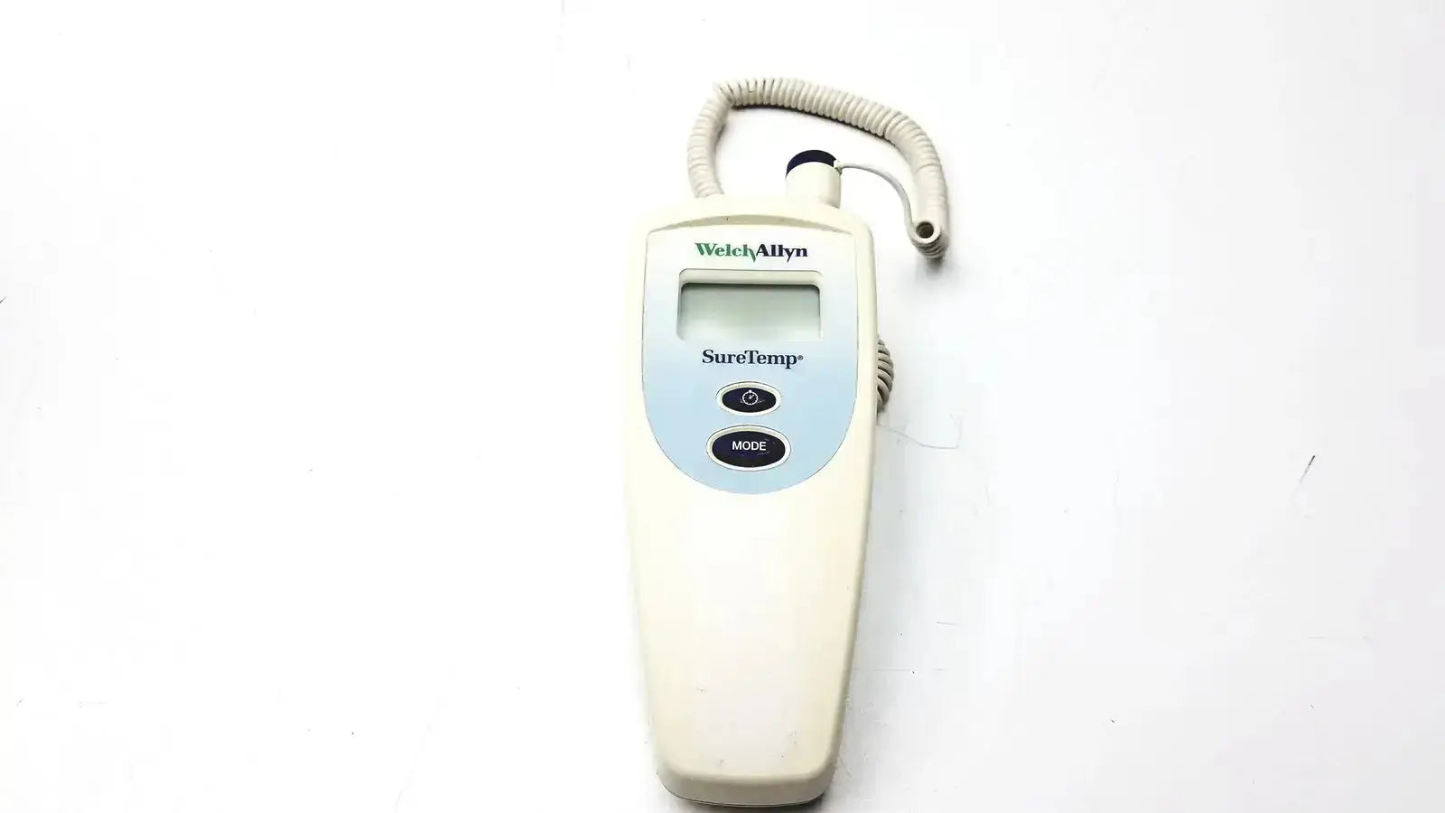 Cream-colored Welch Allyn SureTemp 678 handheld digital thermometer with coiled cable for buy used medical equipment sale