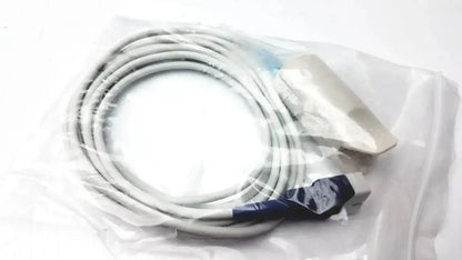 Gray medical cable with blue connector and white sensor for Welch Allyn vital signs patient monitor in clear plastic packaging
