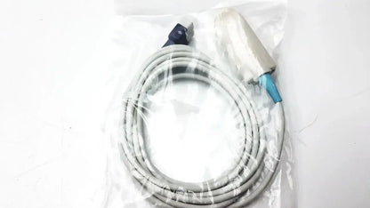 Gray coiled cable with black connector and white cylindrical plug for Welch Allyn vital signs patient monitor accessories packaged in plastic