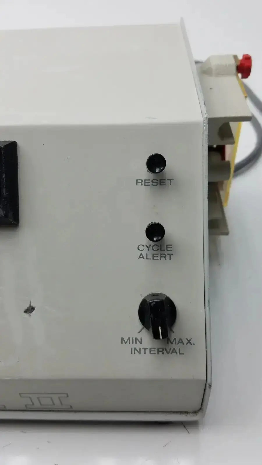 White industrial control panel with reset cycle alert buttons dial and red emergency stop for wheaton unispense ii dose g-bbdd4-14u