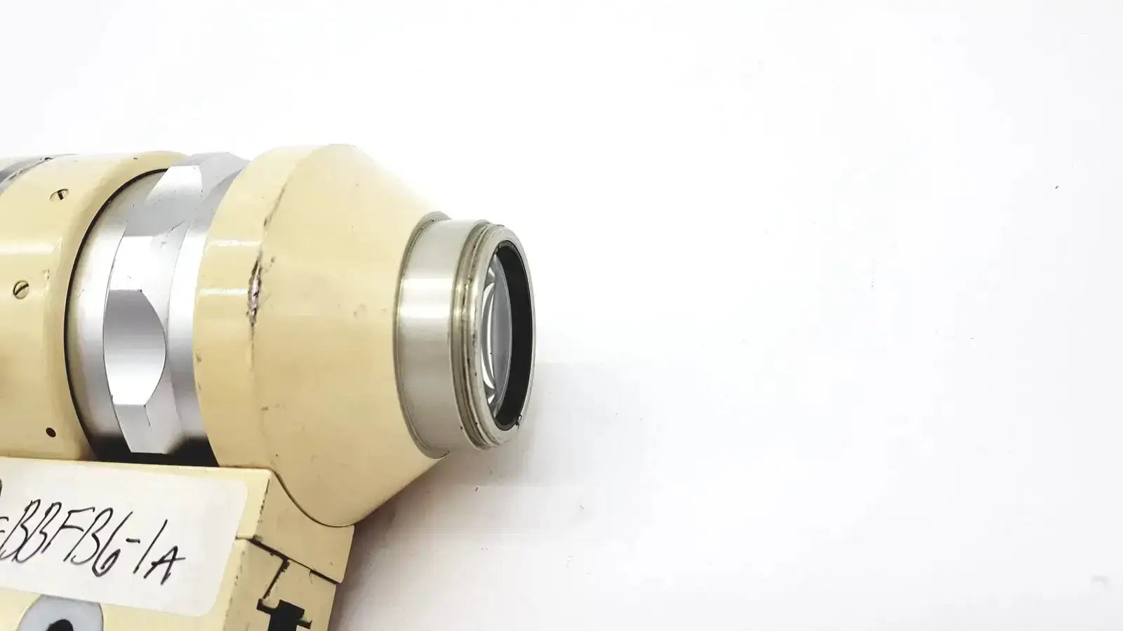 Beige and silver metallic wild heerbrugg m5-26436 microscope objective lens with threaded mounting collar