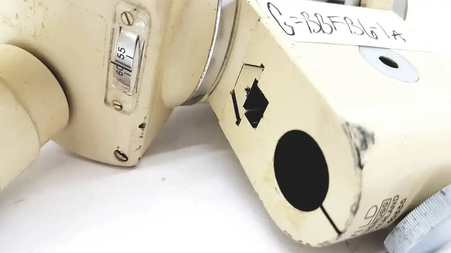 Beige Wild Heerbrugg M5-26436 microscope industrial camera with dial marked 69 and 55 and black circular aperture