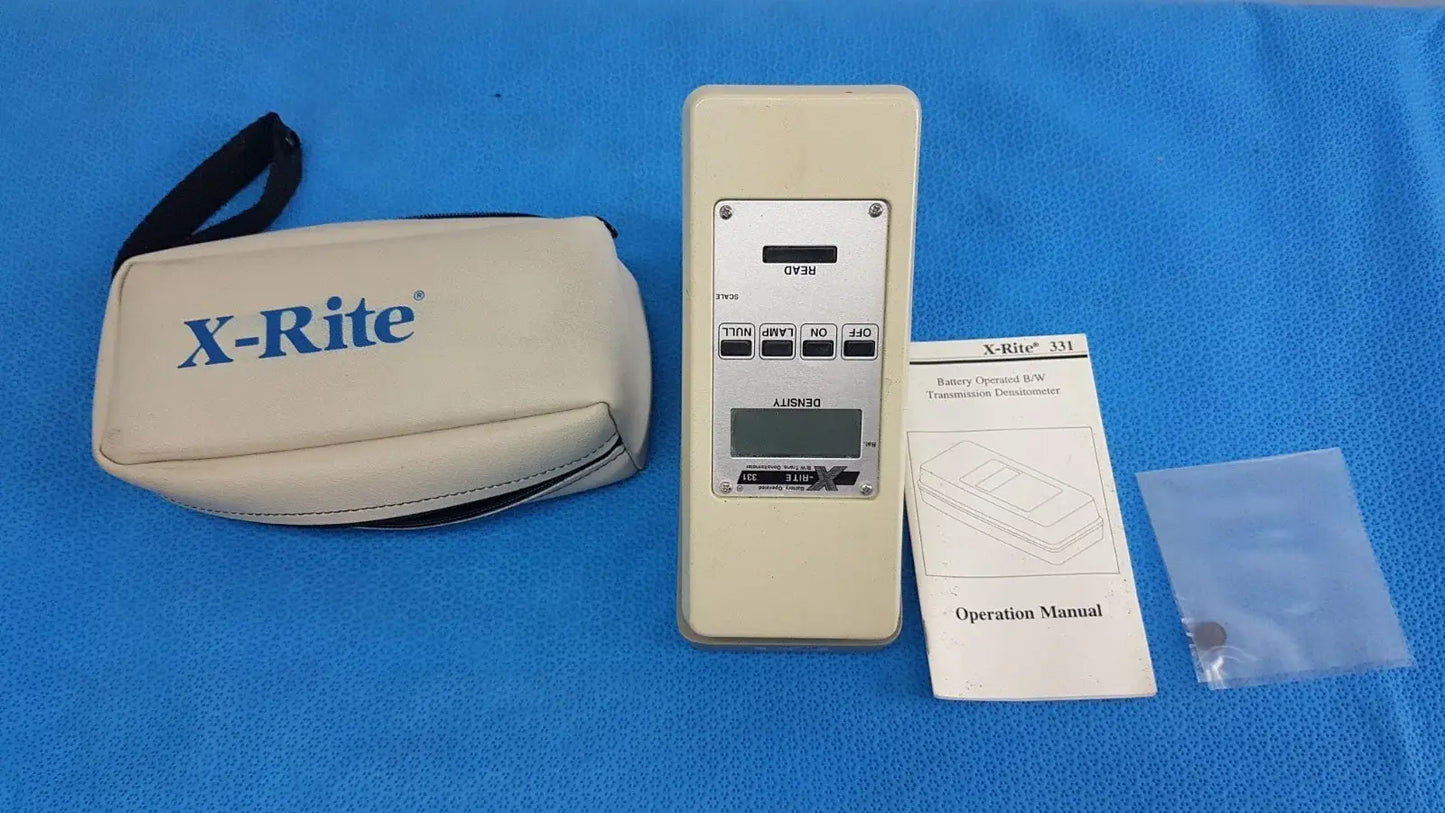 Beige x-rite 350 battery operated transmission densitometer with digital display and branded carrying case for medical equipment use