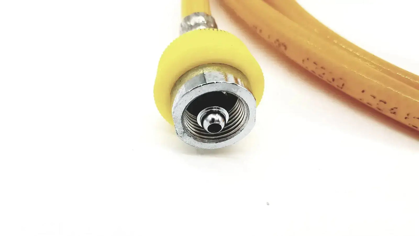 Yellow hose air print lot 08-12 with metallic threaded connector and yellow rubber sleeve for secure air flow connections