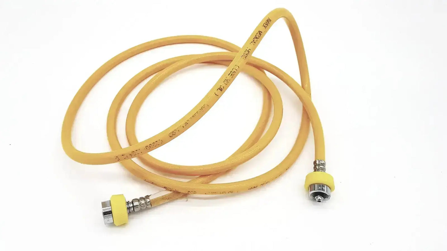 Yellow coiled gas hose air print lot with metallic connectors and printed specifications along its length