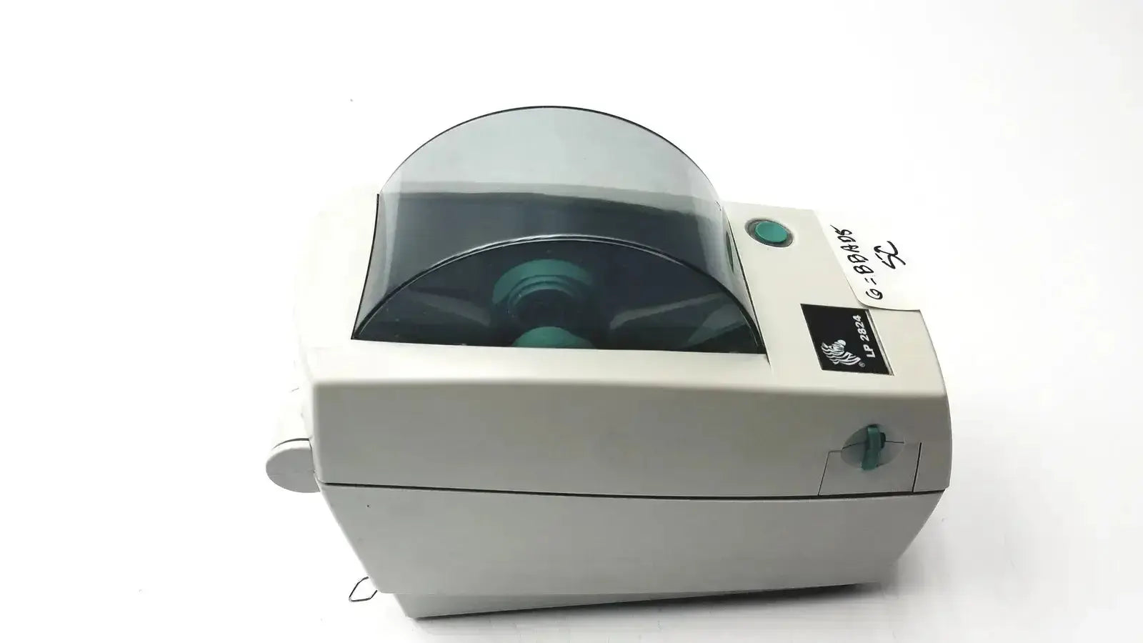 White zebra lp2824 thermal label printer with transparent protective cover and green control button accents untested