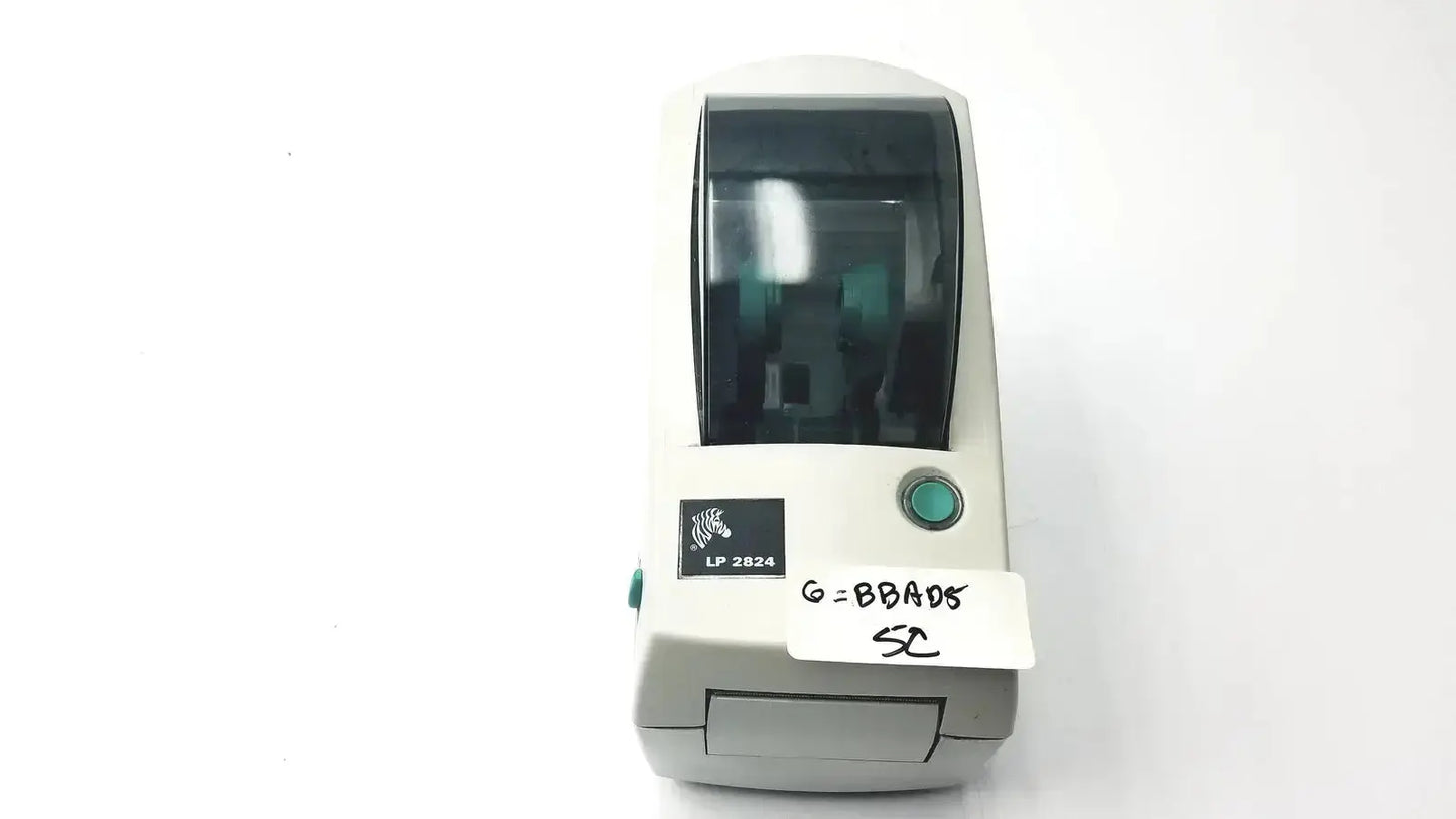 Gray zebra lp2824 thermal label printer with green power button and front sticker for lp2824 thermal label use untested