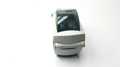 Gray zebra lp2824 thermal label printer with a compact design and transparent cover over the print area untested model