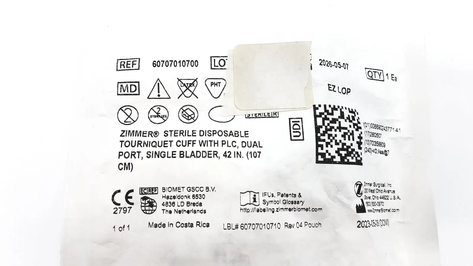 Zimmer 60707010700 Disposable Tourniquet Cuff Single Bladder 42in