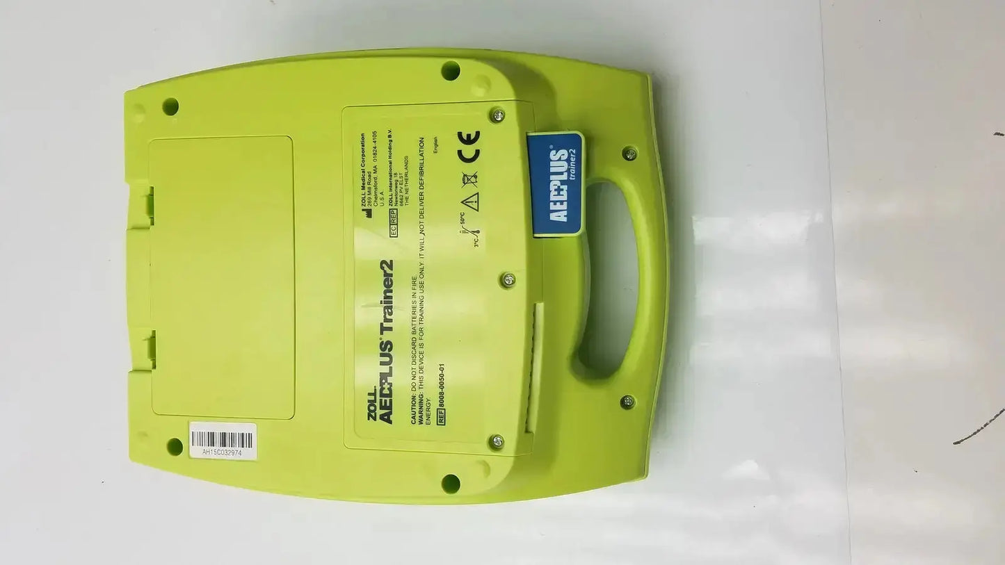 Lime green zoll aed plus trainer 2 defibrillator case with molded handle and labeled specifications for aed plus trainer use