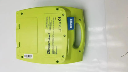 Lime green zoll aed plus trainer 2 defibrillator case with molded handle and labeled specifications for aed plus trainer use